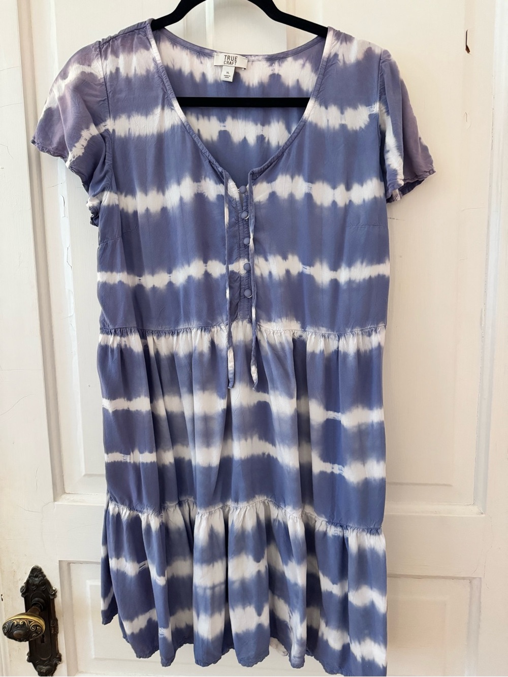 True Craft Blue and White Tie-Dye Short Sleeve Babydoll Dress